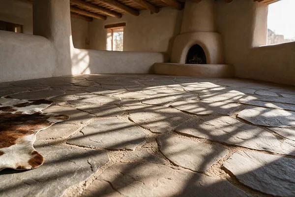 A rustic Southwestern interior with thick adobe-like plaster walls, exposed wooden ceiling beams, and a built-in rounded fireplace. The floor is made of irregular hand-laid stone pieces with warm grout lines, and sunlight casts patterned shadows across the surface. A cowhide rug lies at the left edge of the room.
