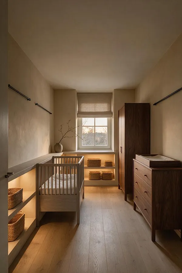 A narrow Japandi-style nursery with a light wood crib on the left, a walnut changing dresser on the right, and open shelving with woven baskets beneath a centered window. Soft beige walls, pale oak flooring, and warm under-shelf lighting create a calm, minimalist atmosphere.