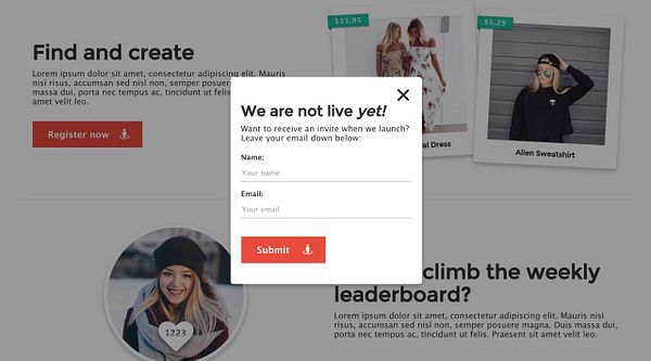 A popup modal appears on a landing page, prompting users to sign up for updates.