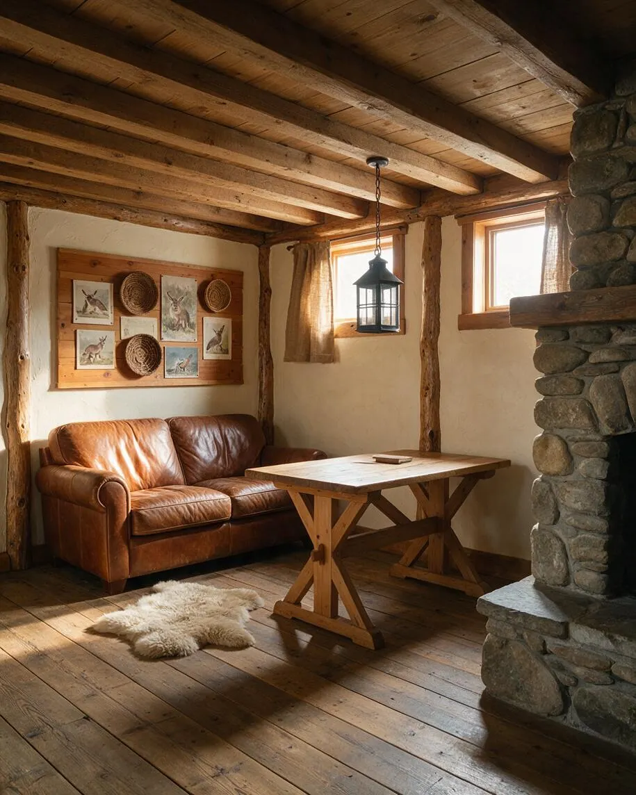 A rustic studio apartment with a tan leather sofa, a light wood trestle table, and a stone fireplace. Exposed wood beams, warm wood floors, small curtained windows, and a lantern pendant create a cozy cabin-like atmosphere.