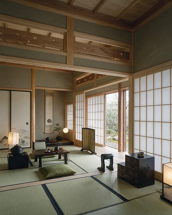 A tranquil Japanese Zen-style front porch with tatami flooring, shoji screen walls, and exposed wood beams. Low dark wood furniture, a small cushion, lantern-style lights, and a glimpse of a quiet garden create a calm, minimalist atmosphere.