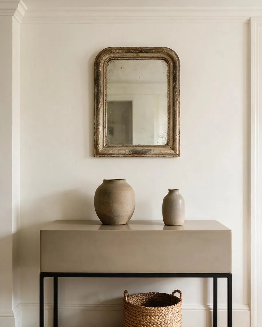 A Transitional style vignette features an antique-looking distressed mirror centered above a taupe console table with slim black metal legs. Two muted ceramic vases sit on top, and a woven basket is tucked below against a white paneled wall.