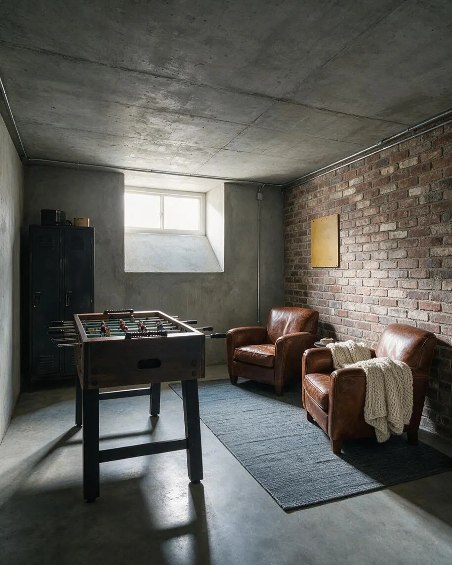A moody industrial game room with a concrete ceiling and floor, exposed brick wall, and a small high window bringing in daylight. A foosball table sits in the center, with two brown leather armchairs on a dark area rug, a black metal locker at the back, and a neutral, utilitarian palette.