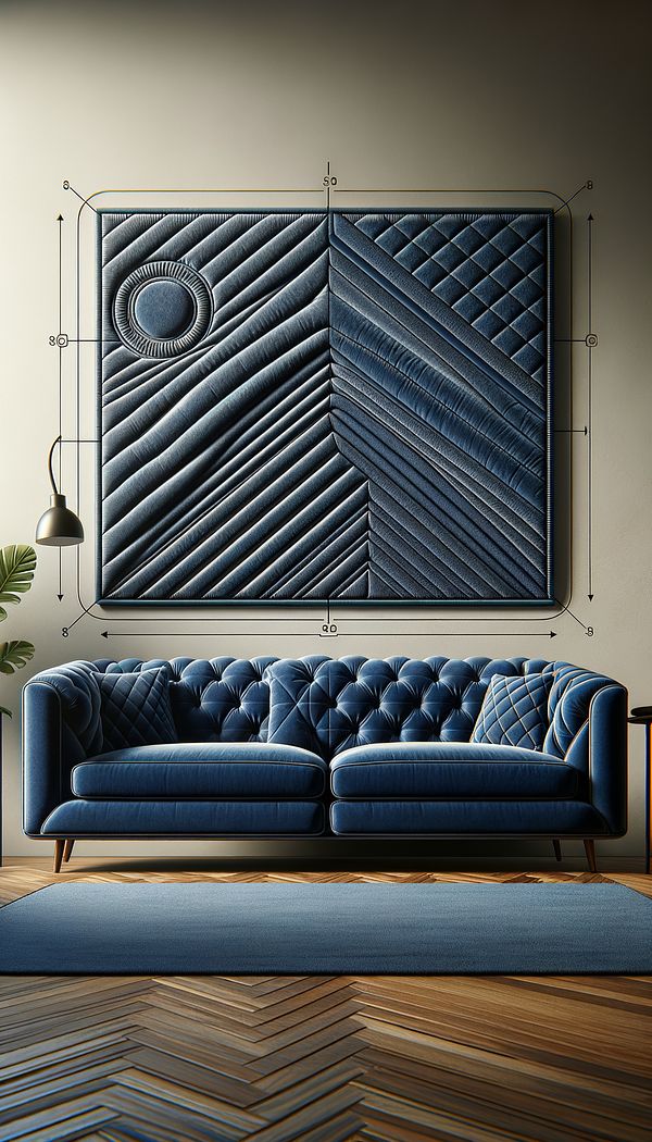 A contemporary living room featuring a channel quilted velvet sofa in a rich navy blue color, with close-up shots showing the precision of the parallel stitching.