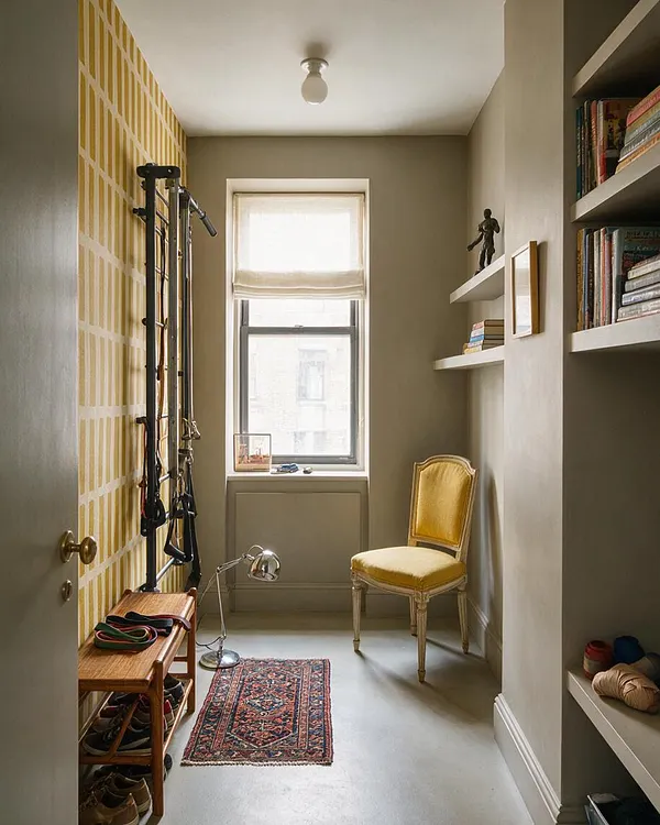A narrow home gym with a patterned accent wall, wall-mounted exercise bars and bands, and a small wooden shoe bench on the left. A yellow upholstered chair, built-in shelves with books and decor, and a small Persian-style rug add eclectic character, while a window brings in soft natural light.