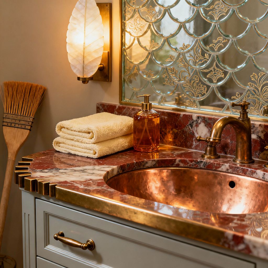 A close-up of an Art Deco–inspired laundry sink station with a burgundy-and-cream marble countertop trimmed by a stepped brass edge and a copper undermount basin. An aged-brass faucet sits before scalloped mirrored tiles etched with gold floral motifs. A leaf-shaped alabaster-style wall sconce glows at the side. Soft sage cabinetry with brass pulls supports folded cream towels and an amber soap dispenser, while a straw broom leans nearby, all lit in warm ambient light.