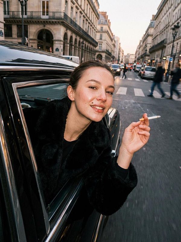 A woman leans out of a car window in a bustling city street, holding a cigarette and smiling at the camera.