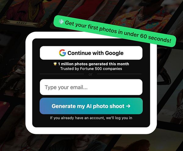 The image displays a user interface for signing up for an AI photo generation service.