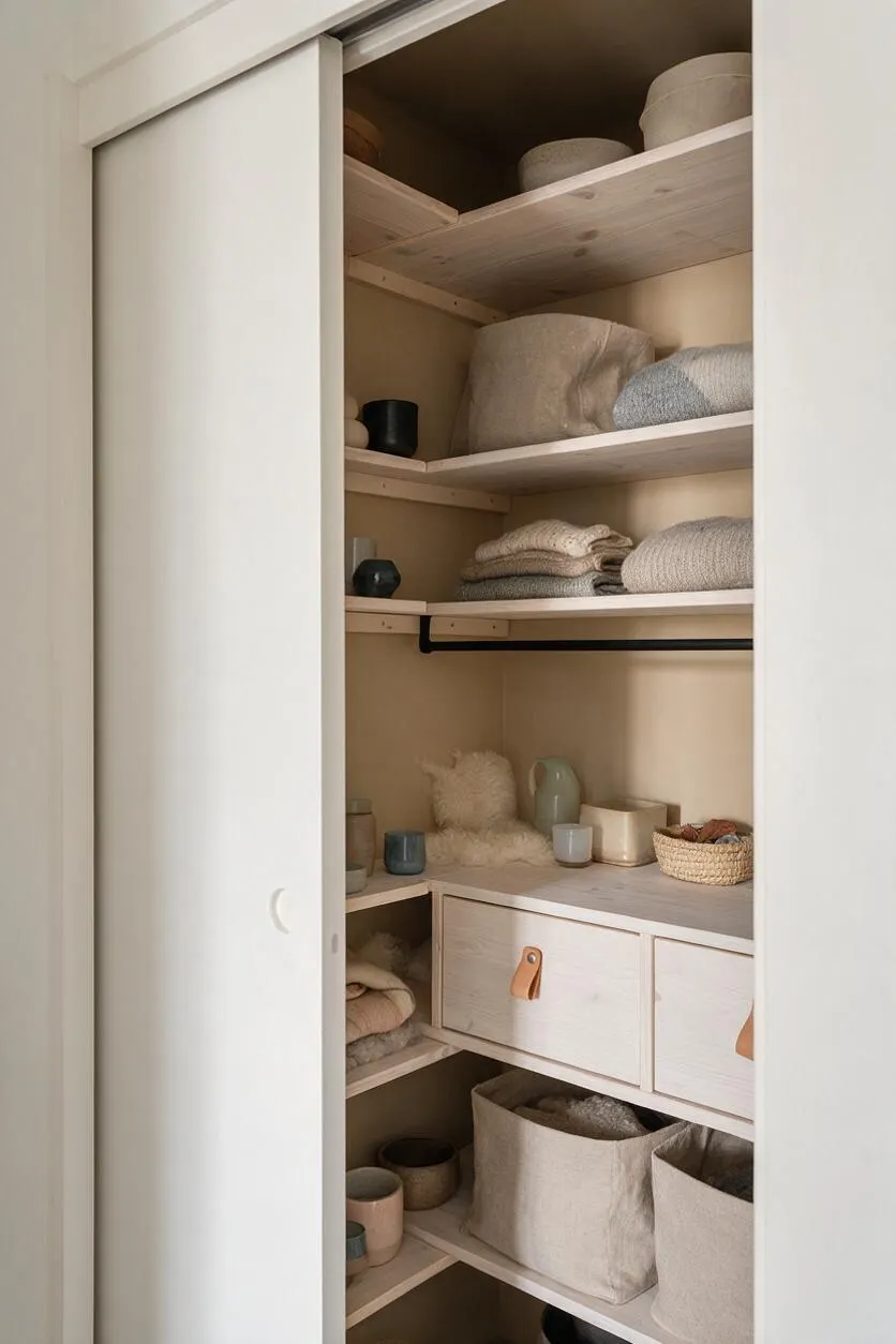A built-in closet with white sliding doors opened to reveal a neatly organized Scandinavian-style interior. Light wood shelves hold folded knit textiles, woven baskets, and small ceramic decor in soft beige, gray, and black tones.
