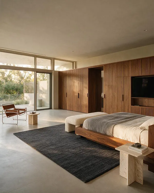 A modern master bedroom with a low wooden platform bed, neutral bedding, and a dark textured area rug over a polished concrete floor. A full wall of vertical wood slats includes built-in storage and a recessed TV, while large floor-to-ceiling windows bring in natural light and open views to greenery outside.