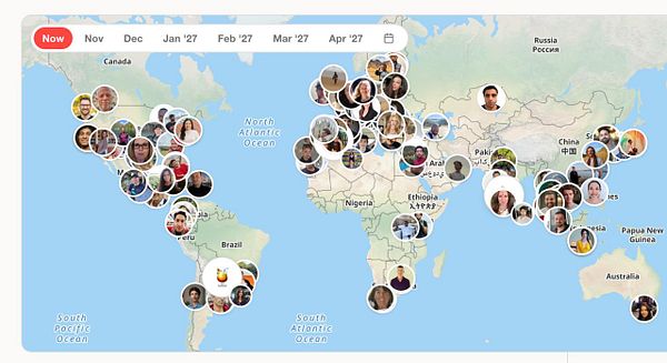 World map displaying user profile images clustered geographically, indicating locations of meetups or people, with a timeline filter bar at the top.
