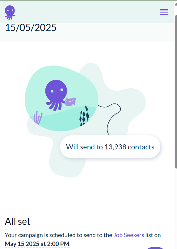 A digital interface displaying a scheduled newsletter campaign for job seekers.