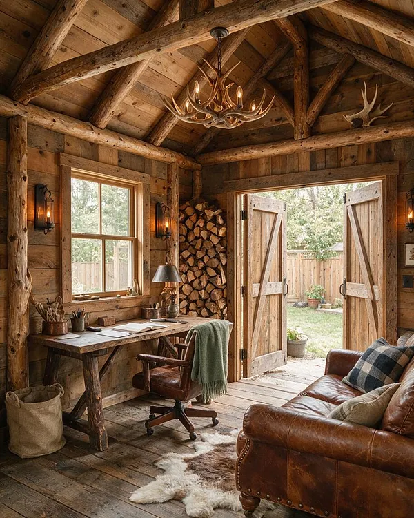 A rustic backyard cabin interior with rough-hewn log beams, plank wood walls, and a vaulted ceiling. The room includes a leather sofa, a live-edge desk, stacked firewood, antler chandelier, and open double doors leading to a small fenced yard.