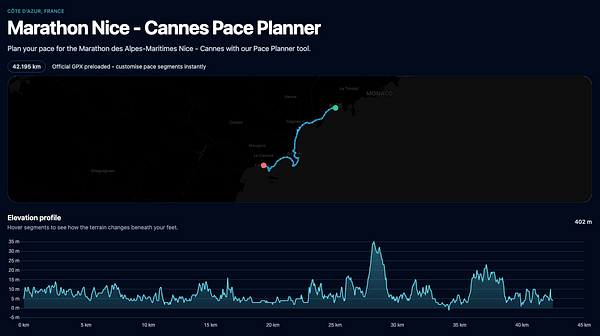 The image displays a pace planner tool for the Marathon des Alpes-Maritimes Nice - Cannes.
