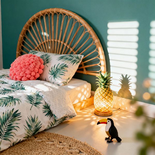 A kids’ bedroom corner with a curved rattan headboard against a deep teal wall. The low bed is made with white cotton bedding printed with green palm leaves and topped with a round coral pom-pom cushion. A pineapple-shaped glass lamp sits on the floor beside the bed, casting warm patterned light from window blinds. A braided jute rug lies on a pale floor, and a small toucan toy adds a playful touch.