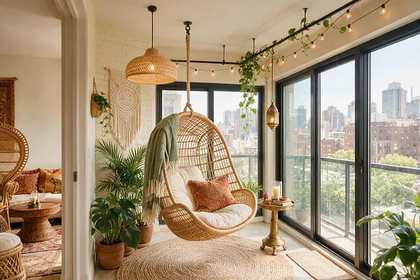 A bright bohemian sunroom with large black-framed glass windows, a hanging rattan egg chair with white cushions, woven pendant lights, trailing greenery, and terracotta potted plants. Natural textures and warm neutrals create a relaxed, airy atmosphere overlooking a city view.