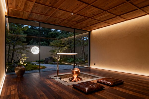 A serene Japanese-style living room with a square sunken fire pit at the center, where a hammered copper kettle hangs over flames from a simple steel arm, flanked by two brown leather floor cushions. The room features dark hardwood floors, a wood coffered ceiling, and warm beige plaster walls with concealed linear lighting, while a full-height glass wall opens to a moonlit garden of raked gravel, moss, rocks, and maples.