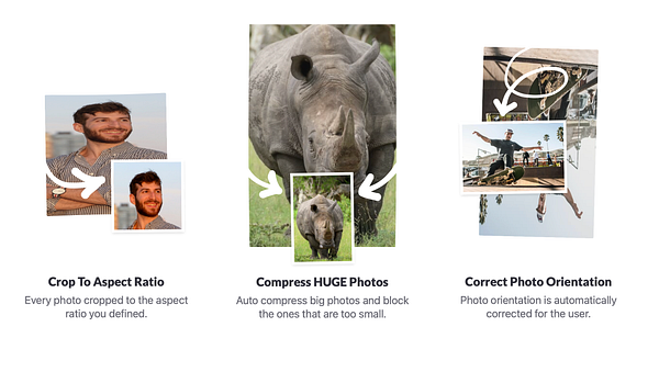 Three photo editing features of CropGuide are visualized with images and descriptions, demonstrating aspect ratio cropping, photo compression, and automatic orientation correction.