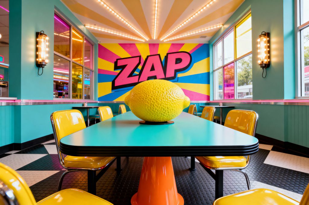 A Pop Art dining room features an aqua laminate communal table on an orange pedestal, topped with an oversized yellow lemon sculpture. Yellow vinyl chairs with chrome frames line both sides. Teal walls frame large windows with colored film bands, and a mural reading ZAP explodes in hot pink, blue, and yellow rays. Marquee bulb lighting radiates across the ceiling, with matching wall sconces, over black coin flooring and checkerboard inserts.