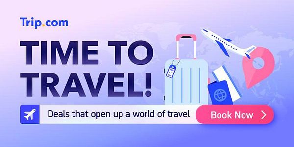 A promotional graphic for travel services featuring luggage, an airplane, and a world map background.