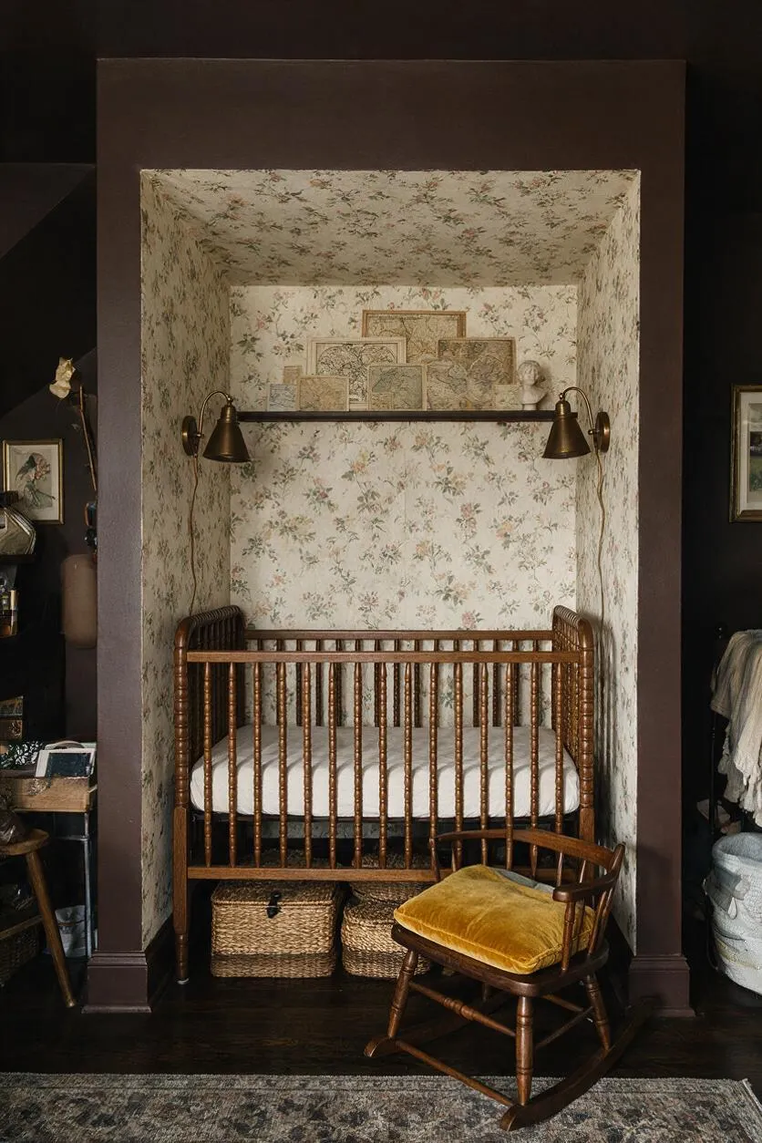 A moody nursery alcove framed in dark brown trim features floral wallpaper on the walls and ceiling, a vintage wooden crib centered below a brass picture light, and framed art and maps displayed on the back wall. Woven storage baskets sit beneath the crib, and a small wooden rocking chair with a mustard velvet cushion rests in the foreground on a dark wood floor.