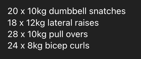 A workout plan for a home gym session featuring various exercises with specified weights and repetitions.