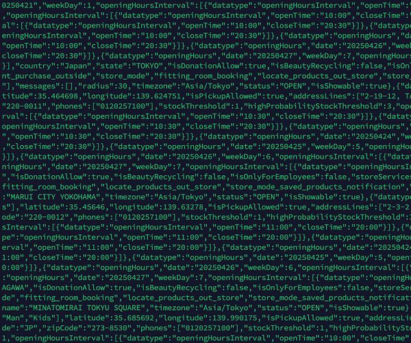 The image displays a JSON data structure containing information about ZARA store locations in Japan.