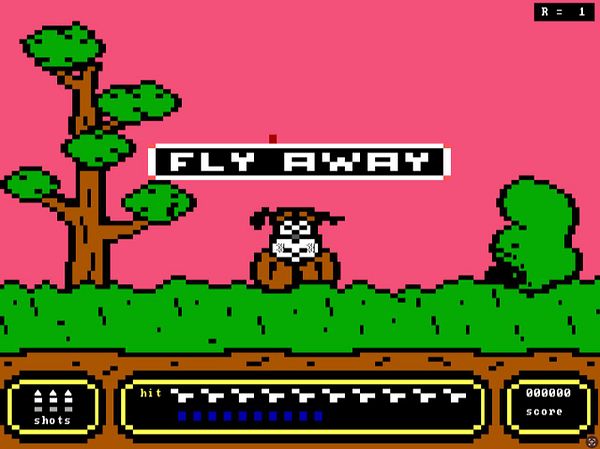 A retro-style video game screen from Duck Hunt featuring a dog and a vibrant background.