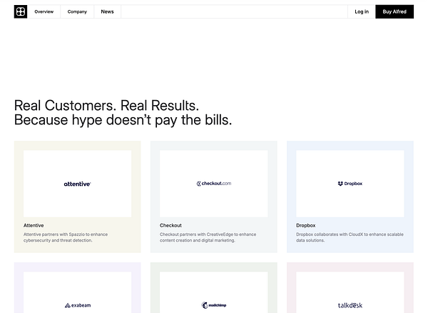 The image displays a webpage featuring various company logos and descriptions under the heading 'Real Customers. Real Results.'