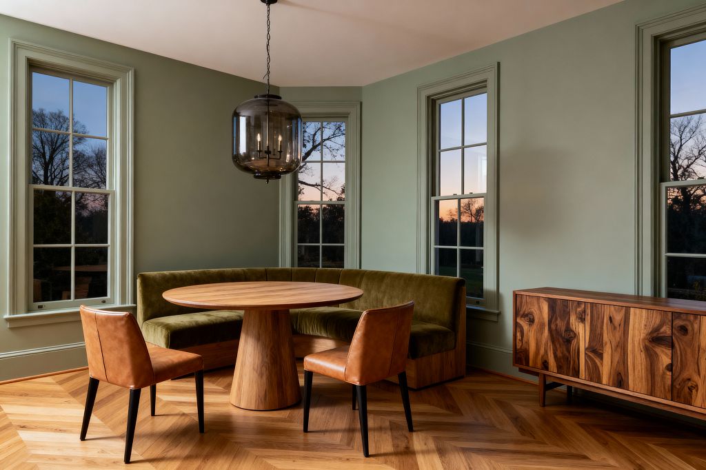 Dining nook with sage green walls and tall double-hung windows surrounding a round oak pedestal table. A curved banquette upholstered in olive velvet wraps the corner, paired with two caramel leather armless chairs on a chevron oak floor. Overhead hangs a smoked-glass globe pendant with a black metal candelabra. A low walnut sideboard with striking grain stands along the right wall. The scene is warmly lit by sunset outside the windows.