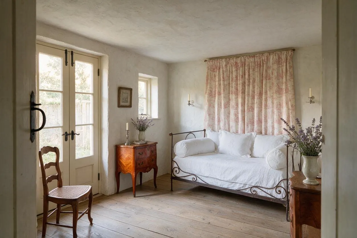 A serene French Country style room with white plaster walls, wide plank wood floors, and a wrought iron daybed dressed in white bedding. Soft pink floral curtains, antique wooden tables, a woven chair, and lavender arrangements create a bright, rustic backyard-facing retreat.