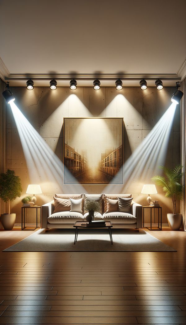 A modern living room illuminated by halogen spotlights highlighting a painting on the wall, with a warm and vibrant atmosphere.