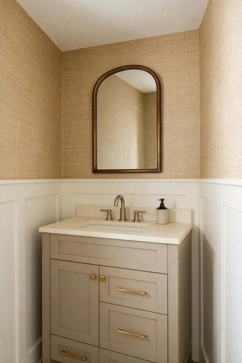 A compact powder room with woven beige wallpaper, white wainscoting, and a taupe vanity topped with a white countertop. An arched wood-framed mirror hangs above a brushed metal faucet, with gold hardware and a small soap dispenser completing the look.
