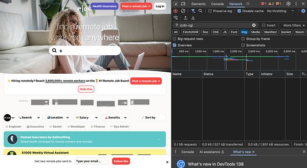 The image displays a screenshot of a remote job board website alongside a browser's developer tools showing network requests.