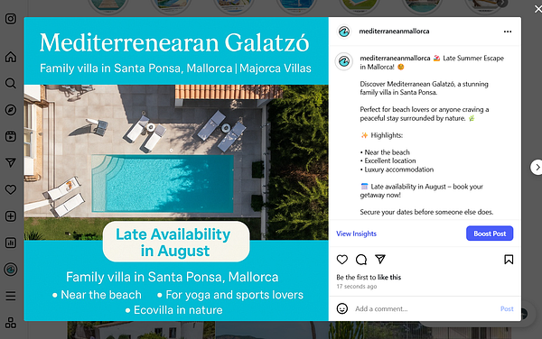An Instagram post promoting a family villa in Santa Ponsa, Mallorca, featuring a pool and outdoor seating.
