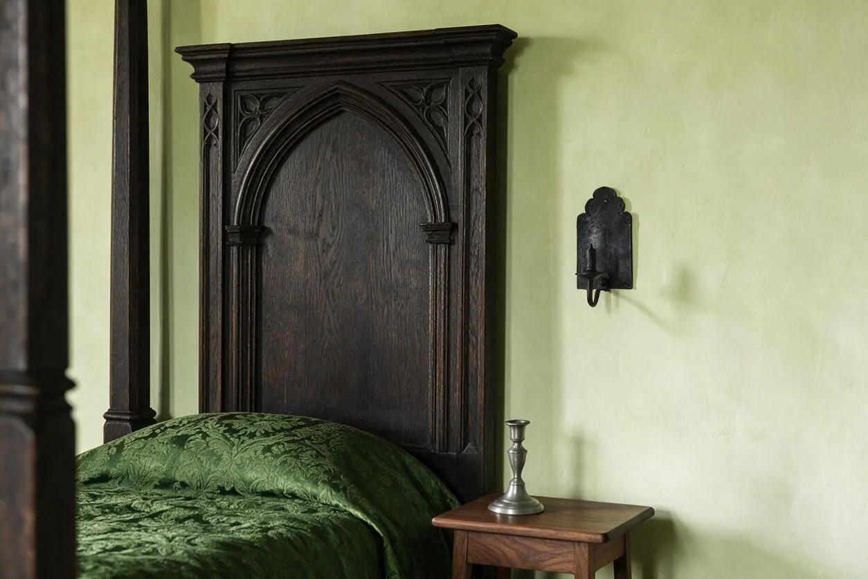 A Gothic-style bedroom vignette with a tall carved dark wood headboard centered against a pale green wall. The bed is dressed in a deep green patterned cover, with a small wooden side table and metal candlestick beside it, and a dark wall sconce mounted to the right.