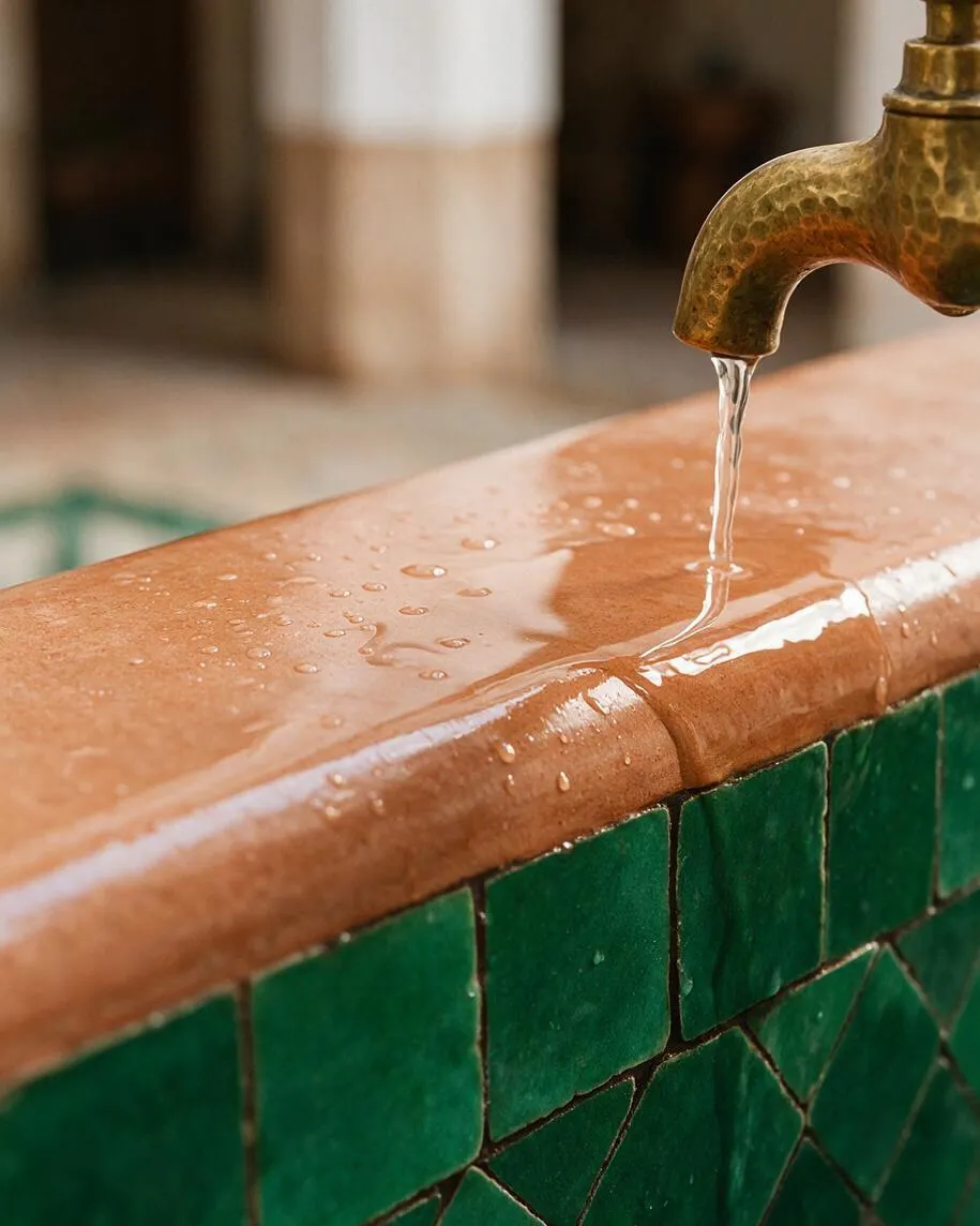 A close-up of a Moroccan-style sink or basin with glossy emerald green tiles on the vertical face and a warm terracotta clay rim. A hammered brass faucet pours water over the slightly textured surface, creating a handcrafted, spa-like feel.