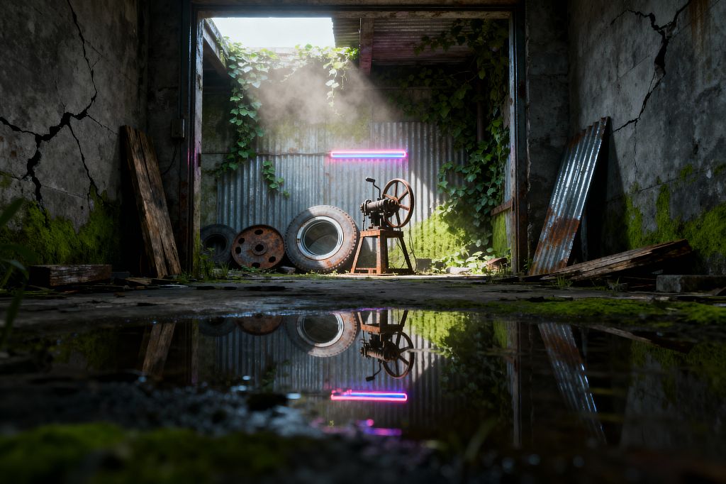 Abandoned laundry space with cracked concrete walls and moss, featuring a rusted hand-crank wringer centered against corrugated steel. Salvaged tires and round metal discs sit on the floor, while ivy climbs the back wall; a magenta-and-blue neon tube glows overhead as daylight streams through a broken roof, catching mist and reflecting in shallow puddles, creating a stark mix of industrial decay and encroaching greenery.