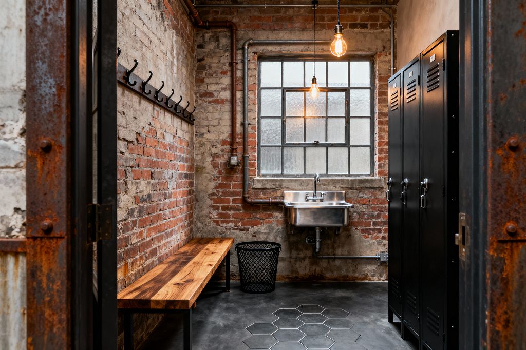 A compact industrial mudroom framed by a rusted steel doorway features exposed red and gray brick walls. On the right are matte black metal lockers; at center a wall-mounted stainless-steel utility sink sits below a multi-pane factory window illuminated by two hanging Edison bulbs. A solid wood bench with black legs lines the left wall beneath a row of black coat hooks, while a sealed concrete floor with a small hexagon tile inlay and a black wire mesh basket complete the space.