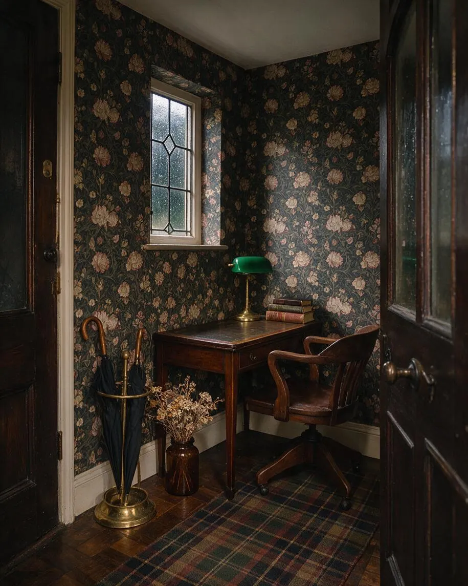 A small front porch styled like a cozy dark academia study, with dark floral wallpaper, a leaded-glass window, a wooden writing desk, green banker’s lamp, antique chair, umbrella stand, and plaid rug. The space feels intimate, vintage, and richly layered with deep wood tones and brass accents.