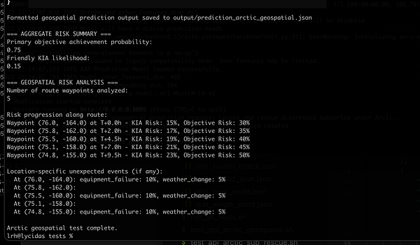 The image displays a terminal output from a geospatial prediction model analysis.