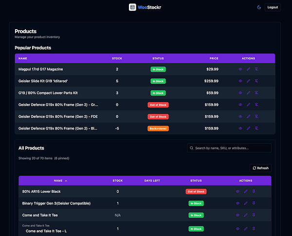 The image displays a user interface for the WooStockr stock management app, showcasing product inventory details.