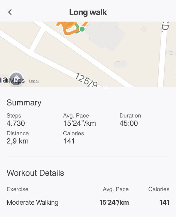 Screenshot of a fitness app detailing a morning walk titled 'Long walk' with stats including steps, distance, average pace, duration, and calories burned.