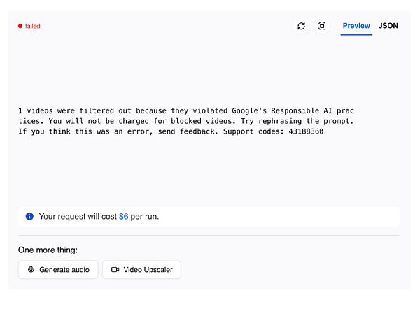 The image displays an error message related to a failed video processing request.