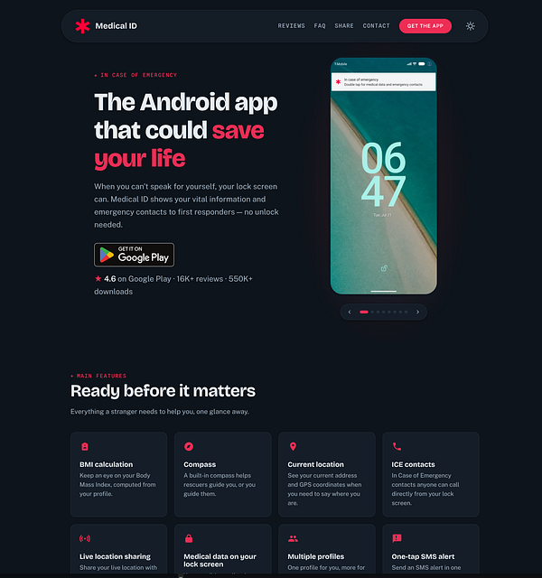 Screenshot of a modern medical ID landing page showcasing features and brand elements.