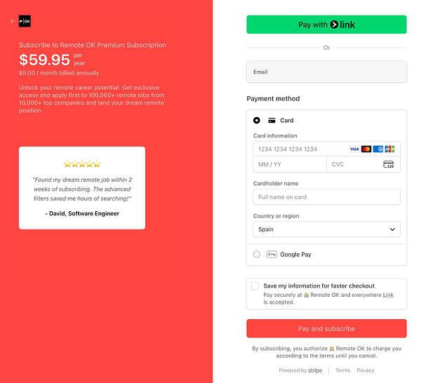 The image displays a subscription page for Remote OK's premium service with a testimonial and payment options.