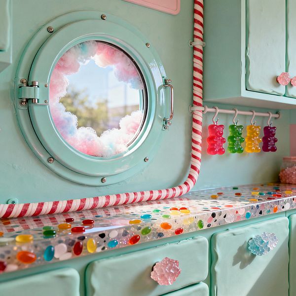 A whimsical laundry room scene shows mint-green cabinetry around a round, chrome-edged porthole washer door filled with pink and blue cotton-candy-like suds. A red-and-white candy-cane striped pipe runs above a glossy resin countertop embedded with multicolored jellybean shapes, while four translucent gummy-bear hooks hang from a white rail and faceted rock-candy-style knobs and a small jar of pink candies complete the playful look.