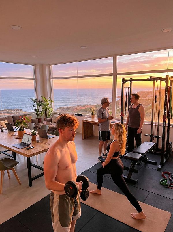 A group of four people engage in fitness activities in a bright, modern space with a stunning ocean view at sunset.