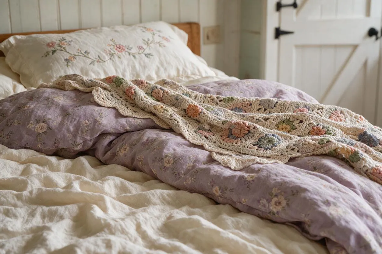 A cozy cottagecore bed dressed in layered cream and lavender bedding, with a floral embroidered pillow, a lilac quilt, and a crocheted throw draped across the center. A white paneled door and soft wood accents frame the relaxed, handmade look.