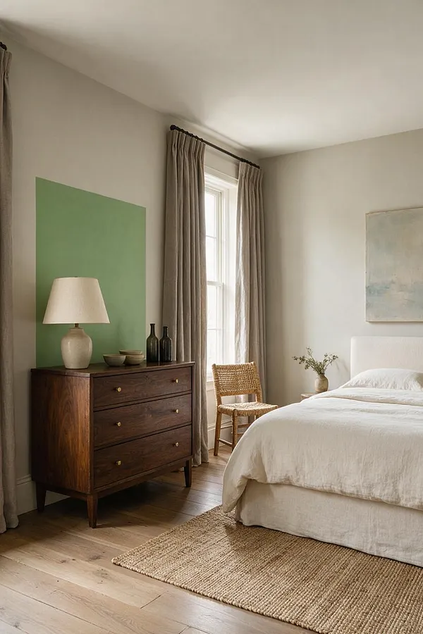A serene transitional guest bedroom with a white upholstered bed, dark wood dresser, and woven chair beside a tall window. Soft taupe curtains, a green wall accent, and a natural jute rug create a calm neutral palette with organic texture.